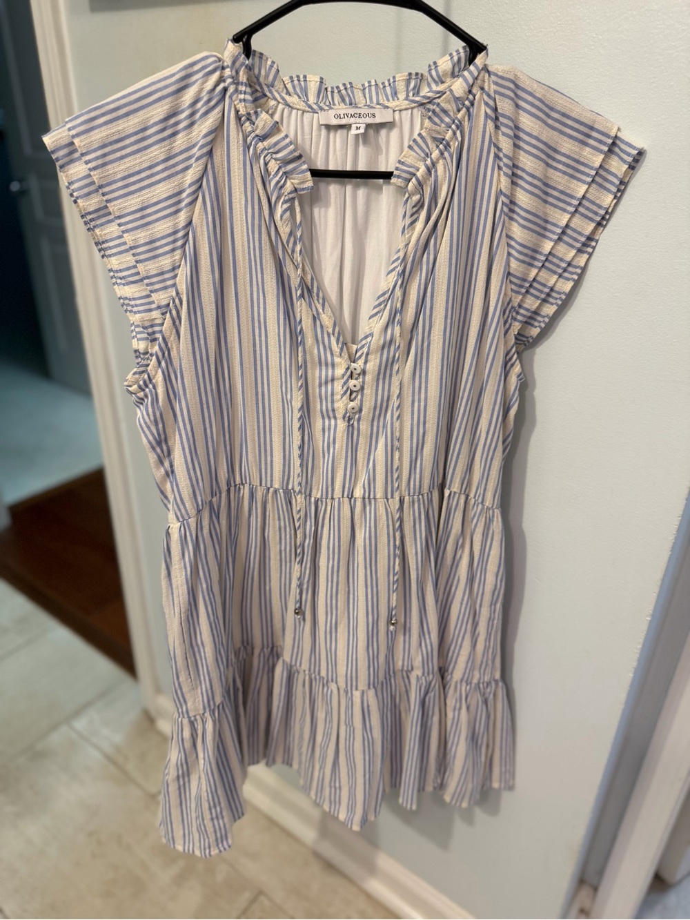 Olive & Oak Blue and White Striped Ruffle Tie-Waist Tunic